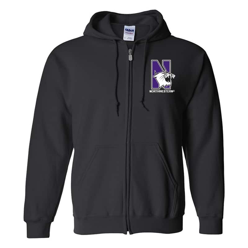 Northwestern University Wildcats Men's Black Full-Zip Hooded Sweatshirt with Left Chest Embroidered N-Cat & Northwestern Design