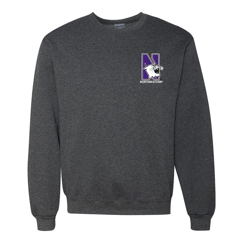 Northwestern University Wildcats Men's Black Heather Crewneck Sweatshirt with Left Chest Embroidered N-Cat & Northwestern Design
