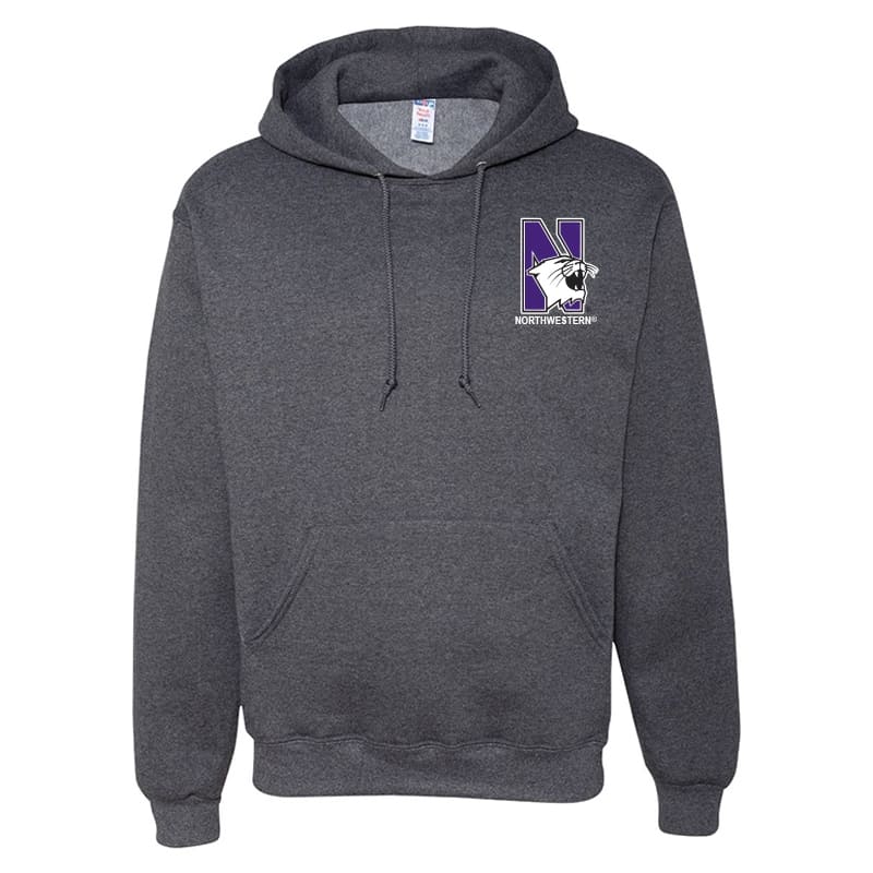 Northwestern University Wildcats Men's Black Heather Hooded Sweatshirt with Left Chest Embroidered N-Cat & Northwestern Design