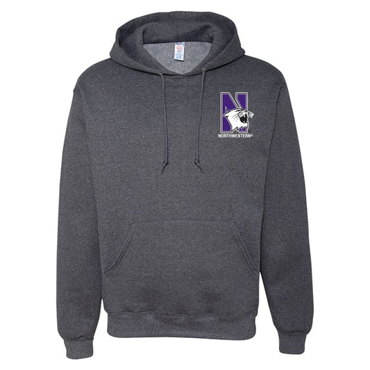 Northwestern University Wildcats Men's Black Heather Hooded Sweatshirt with Left Chest Embroidered N-Cat & Northwestern Design