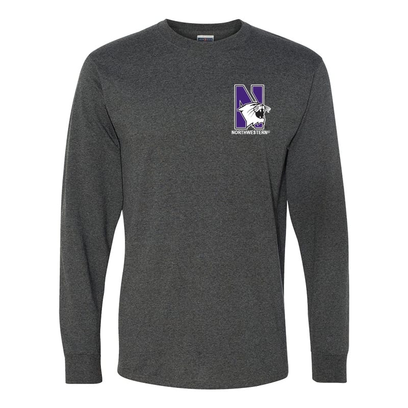 Northwestern University Wildcats Men's Black Heather Long Sleeve Tee Shirt with Left Chest Embroidered N-Cat & Northwestern Design