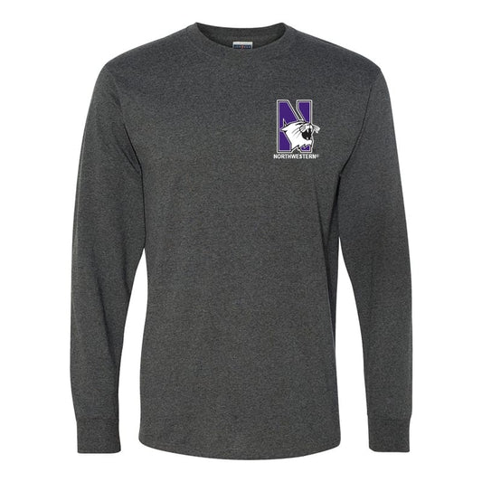 Northwestern University Wildcats Men's Black Heather Long Sleeve Tee Shirt with Left Chest Embroidered N-Cat & Northwestern Design
