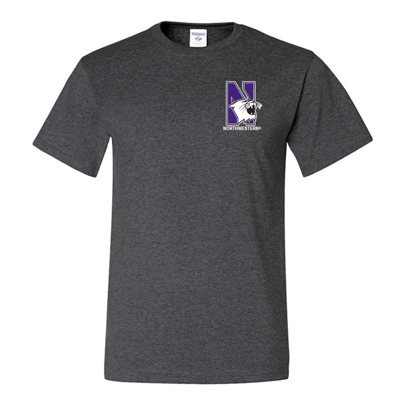 Northwestern University Wildcats Men's Black Heather Short Sleeve Tee Shirt with Left Chest Embroidered N-Cat & Northwestern Design