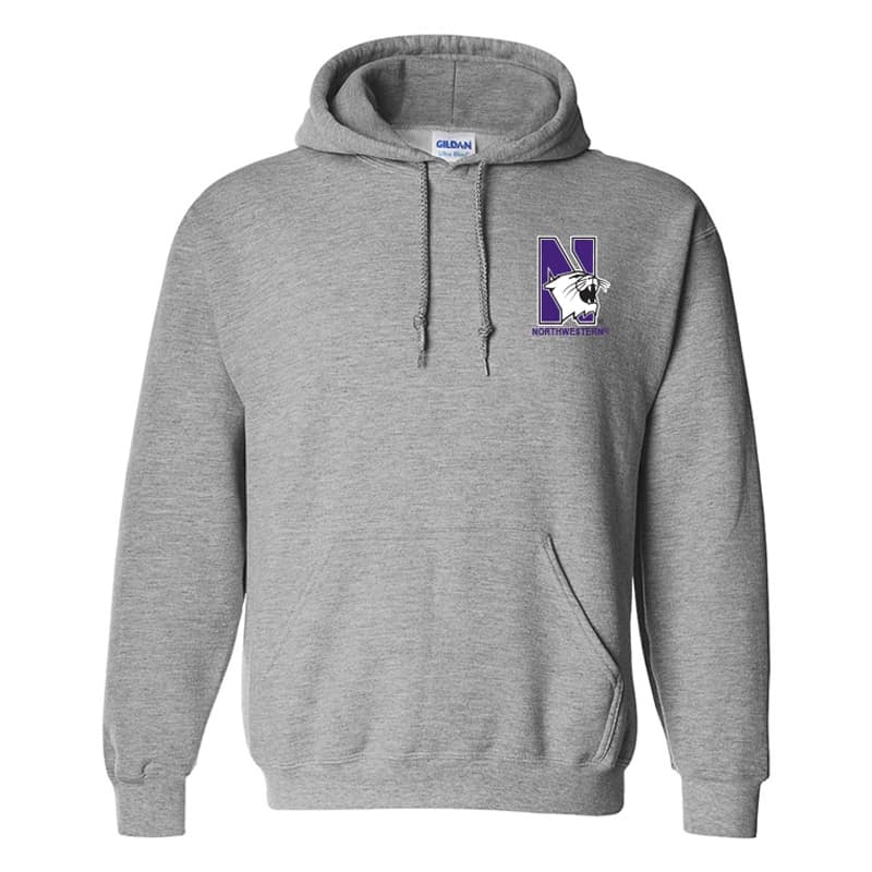 Northwestern University Wildcats Men's Sport Grey Hooded Sweatshirt with Left Chest Embroidered N-Cat & Northwestern Design