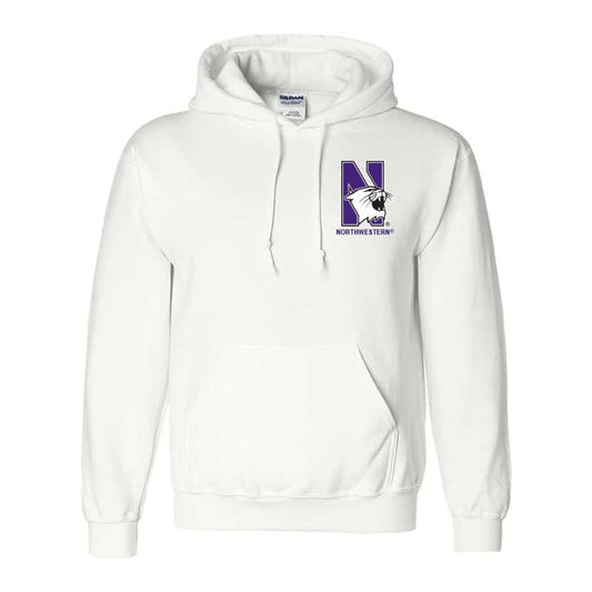Northwestern University Wildcats Men's White Hooded Sweatshirt with Left Chest Embroidered N-Cat & Northwestern Design