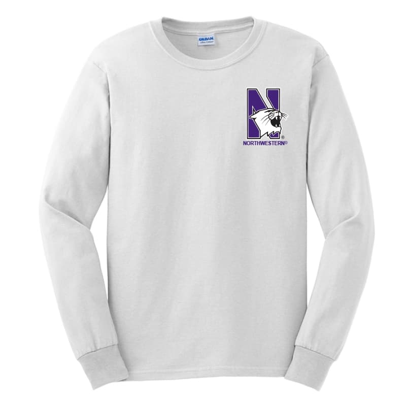 Northwestern University Wildcats Men's White Long Sleeve Tee Shirt with Left Chest Embroidered N-Cat & Northwestern Design