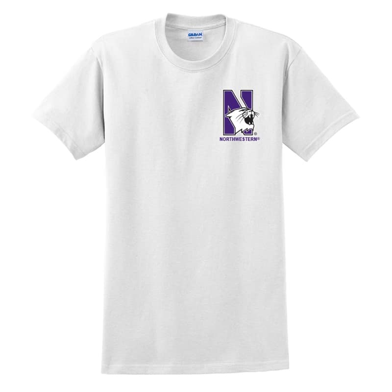 Northwestern University Wildcats Men's White Short Sleeve Tee Shirt with Left Chest Embroidered N-Cat & Northwestern Design