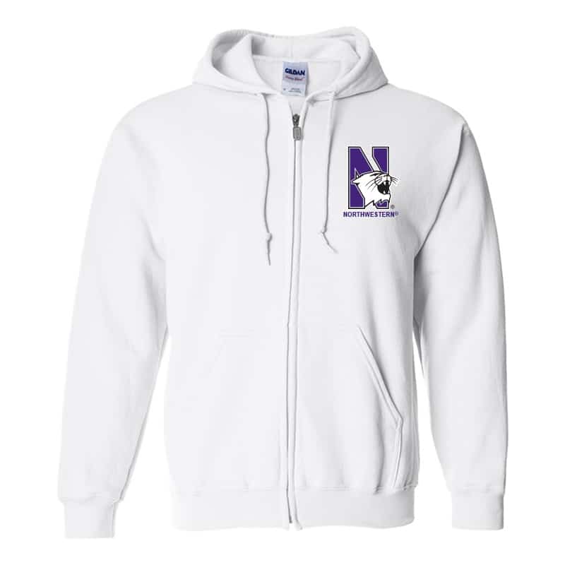 Northwestern University Wildcats Men's White Full-Zip Hooded Sweatshirt with Left Chest Embroidered N-Cat & Northwestern Design