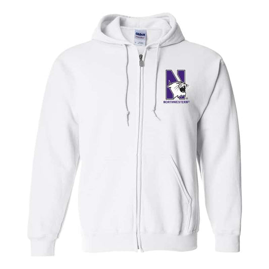 Northwestern University Wildcats Men's White Full-Zip Hooded Sweatshirt with Left Chest Embroidered N-Cat & Northwestern Design