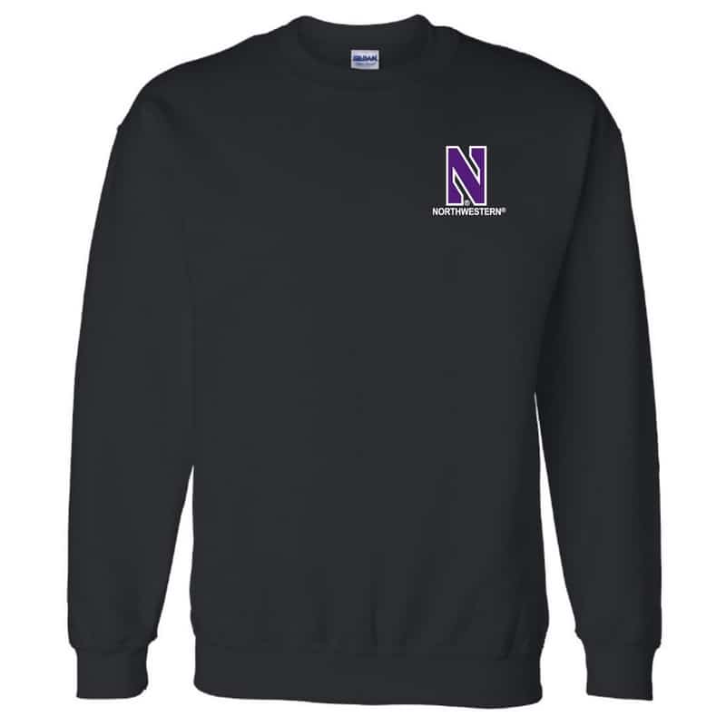 Northwestern University Wildcats Men's Black Crewneck Sweatshirt with Left Chest Embroidered Stylized N & Northwestern Design