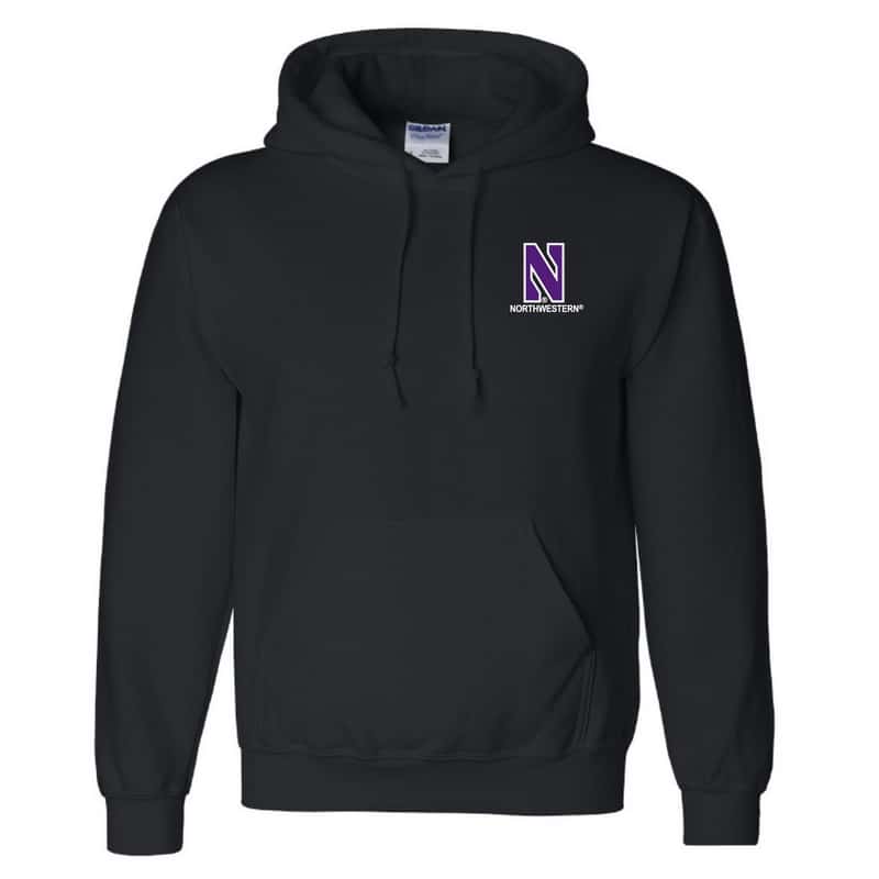 Northwestern University Wildcats Men's Black Hooded Sweatshirt with Left Chest Embroidered Stylized N & Northwestern Design
