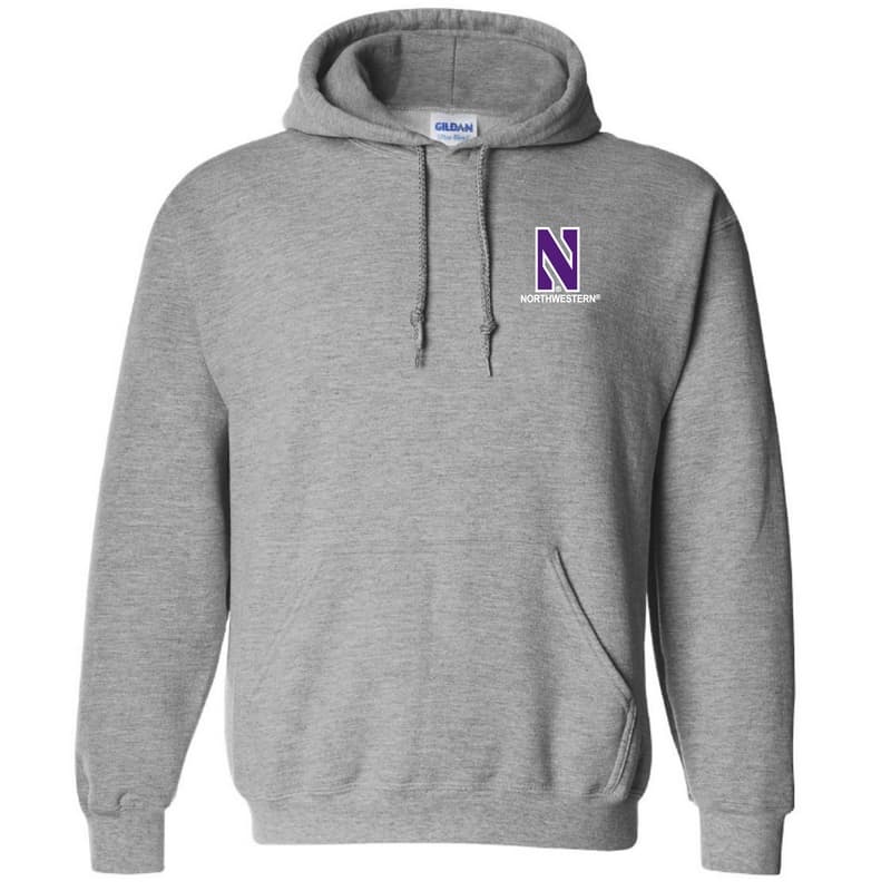 Northwestern University Wildcats Men's Sport Grey Hooded Sweatshirt with Left Chest Embroidered Stylized N & Northwestern Design