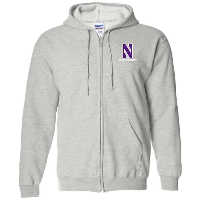 Northwestern University Wildcats Men's Ash Grey Full-Zip Hooded Sweatshirt with Left Chest Embroidered Stylized N & Northwestern Design