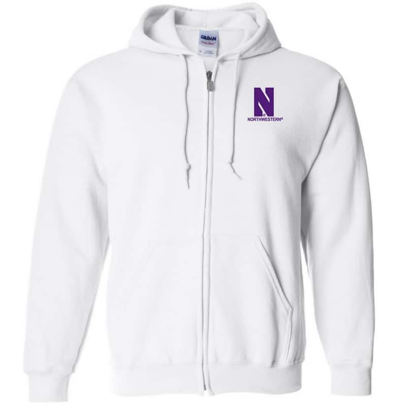 Northwestern University Wildcats Men's White Full-Zip Hooded Sweatshirt with Left Chest Embroidered Stylized N & Northwestern Design