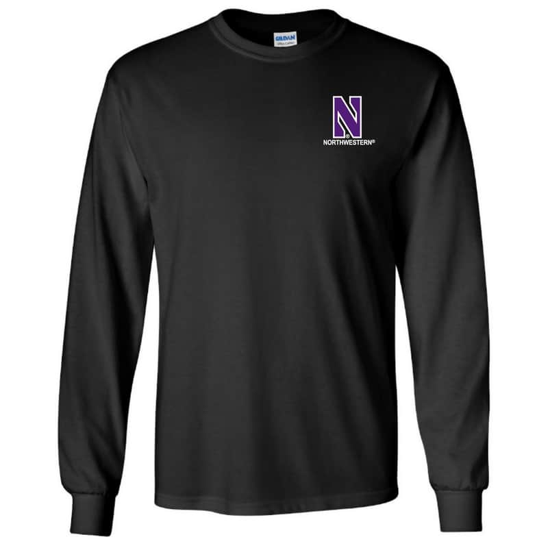 Northwestern University Wildcats Men's Black Long Sleeve Tee Shirt with Left Chest Embroidered Stylized N & Northwestern Design
