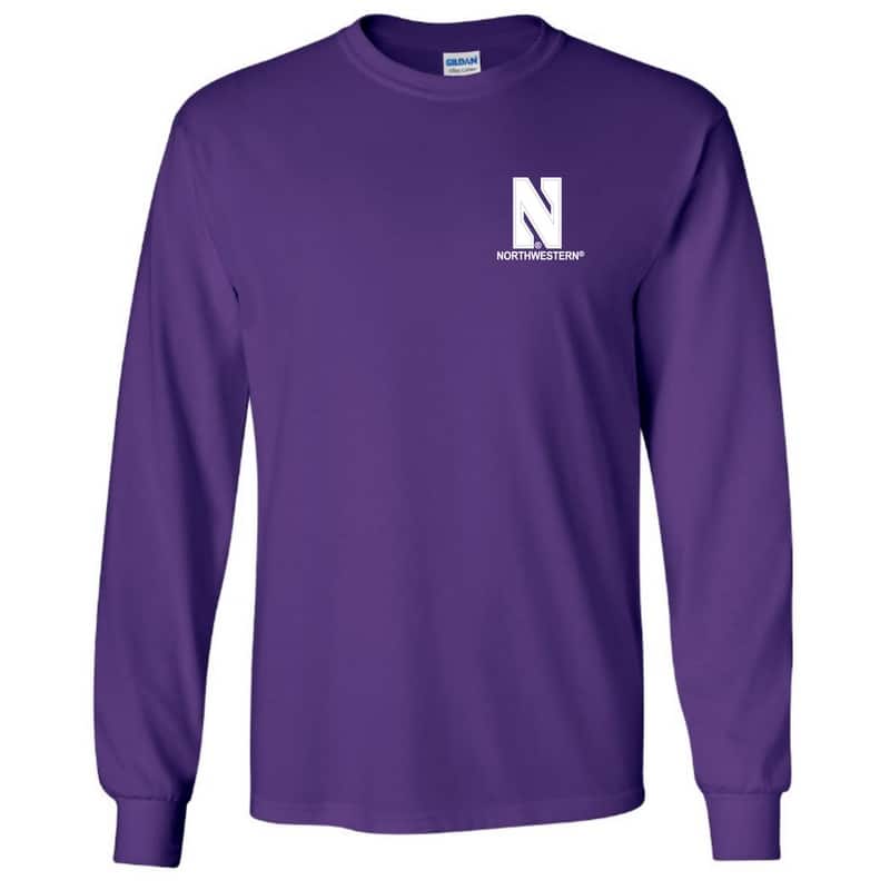 Northwestern University Wildcats Men's Purple Long Sleeve Tee Shirt with Left Chest Embroidered Stylized N & Northwestern Design