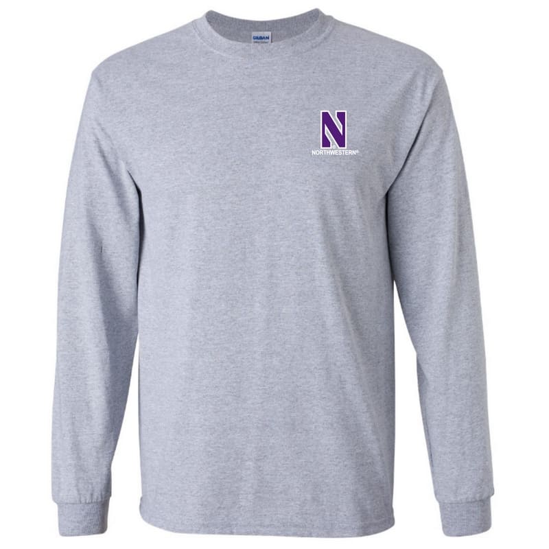 Northwestern University Wildcats Men's Sport Grey Long Sleeve Tee Shirt with Left Chest Embroidered Stylized N & Northwestern Design