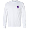 Northwestern University Wildcats Men's White Long Sleeve Tee Shirt with Left Chest Embroidered Stylized N & Northwestern Design