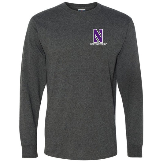 Northwestern University Wildcats Men's Black Heather Long Sleeve Tee Shirt with Left Chest Embroidered Stylized N & Northwestern Design