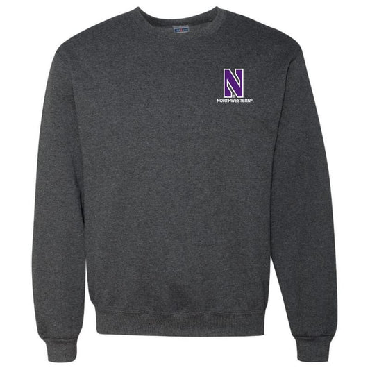 Northwestern University Wildcats Men's Black Heather Crewneck Sweatshirt with Left Chest Embroidered Stylized N & Northwestern Design