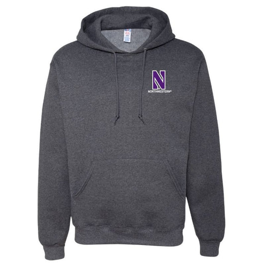 Northwestern University Wildcats Men's Black Heather Hooded Sweatshirt with Left Chest Embroidered Stylized N & Northwestern Design