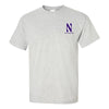 Northwestern University Wildcats Men's Ash Grey Short Sleeve Tee Shirt with Left Chest Embroidered Stylized N & Northwestern Design