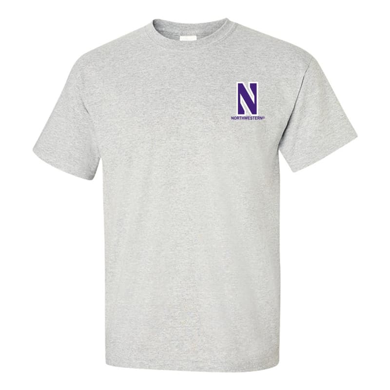 Northwestern University Wildcats Men's Ash Grey Short Sleeve Tee Shirt with Left Chest Embroidered Stylized N & Northwestern Design