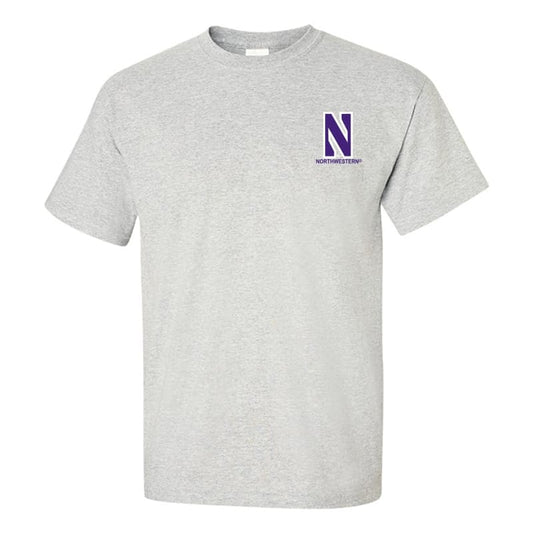 Northwestern University Wildcats Men's Ash Grey Short Sleeve Tee Shirt with Left Chest Embroidered Stylized N & Northwestern Design