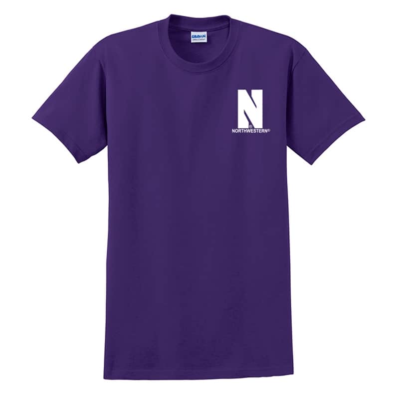 Northwestern University Wildcats Men's Purple Short Sleeve Tee Shirt with Left Chest Embroidered Stylized N & Northwestern Design