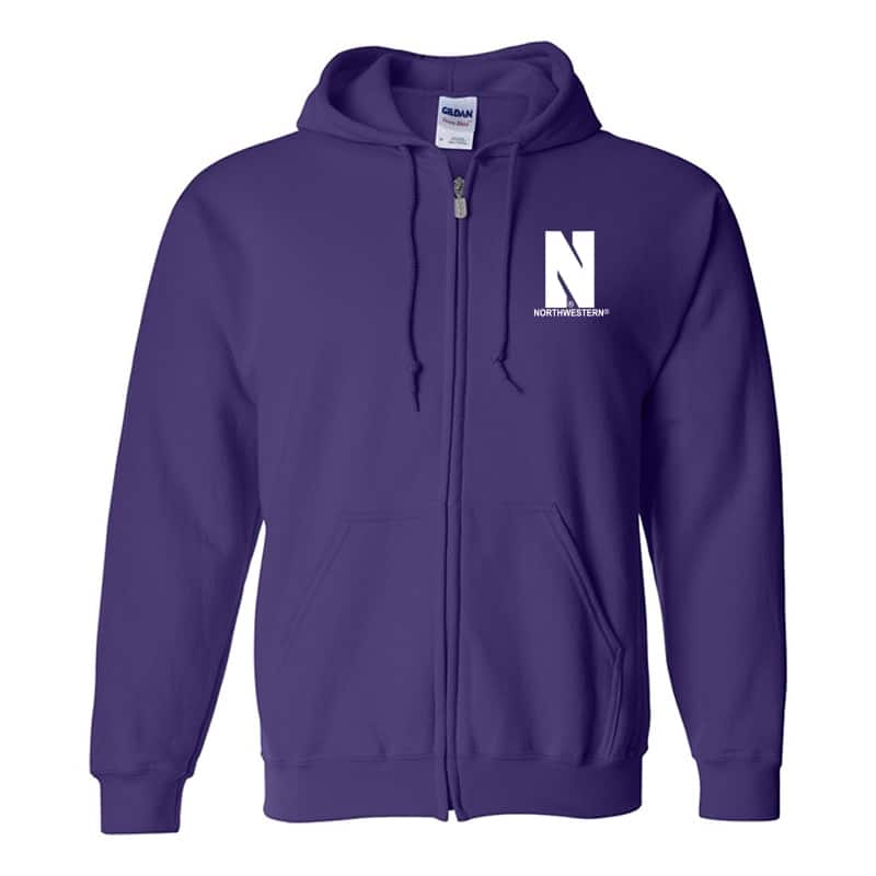 Northwestern University Wildcats Men's Purple Full-Zip Hooded Sweatshirt with Left Chest Embroidered Stylized N & Northwestern Design