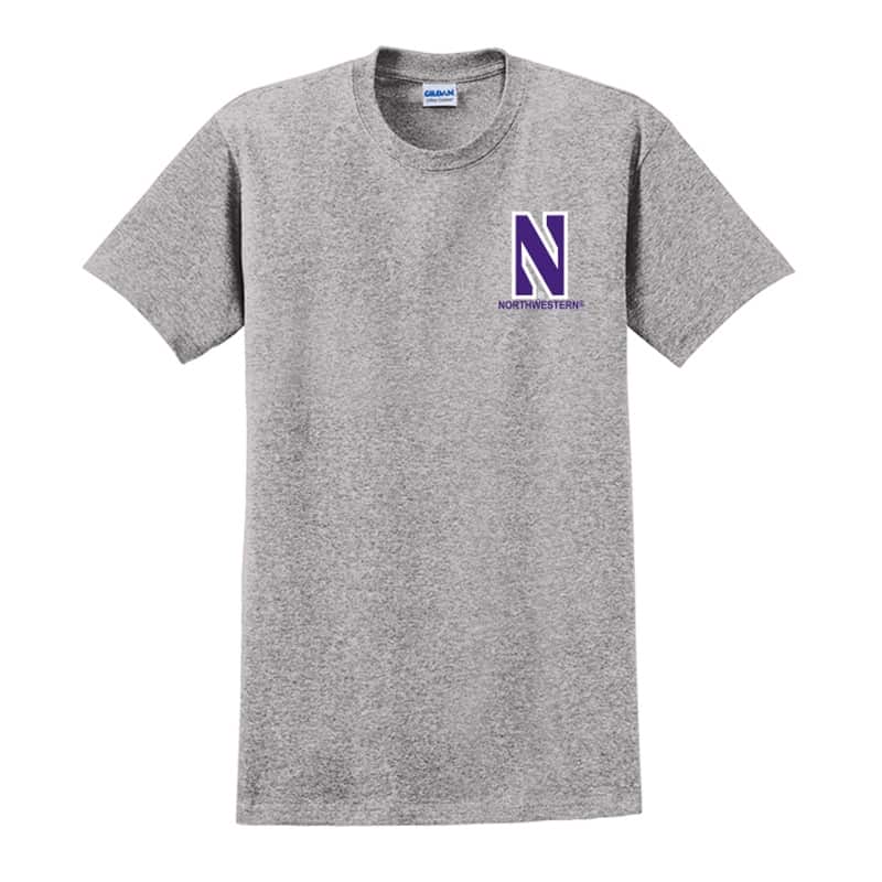 Northwestern University Wildcats Men's Sport Grey Short Sleeve Tee Shirt with Left Chest Embroidered Stylized N & Northwestern Design