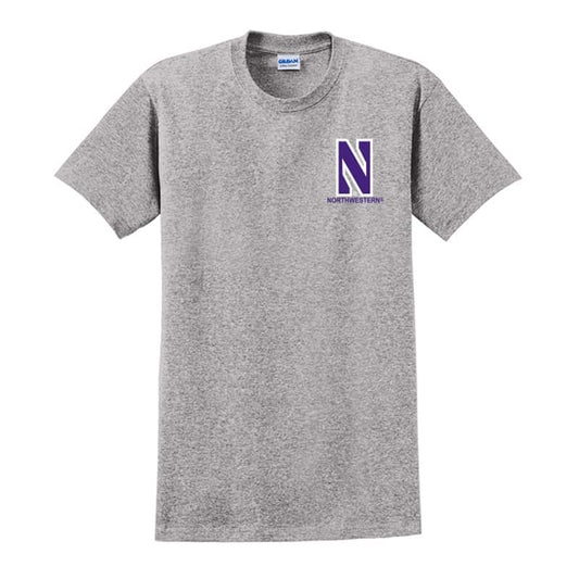 Northwestern University Wildcats Men's Sport Grey Short Sleeve Tee Shirt with Left Chest Embroidered Stylized N & Northwestern Design