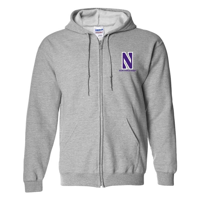 Northwestern University Wildcats Men's Sport Grey Full-Zip Hooded Sweatshirt with Left Chest Embroidered Stylized N & Northwestern Design
