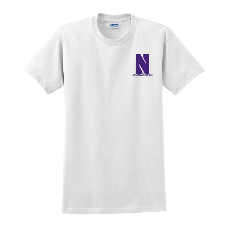 Northwestern University Wildcats Men's White Short Sleeve Tee Shirt with Left Chest Embroidered Stylized N & Northwestern Design