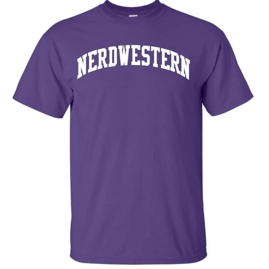 Purple Short Sleeve Tee Shirt with "Nerdwestern" Design