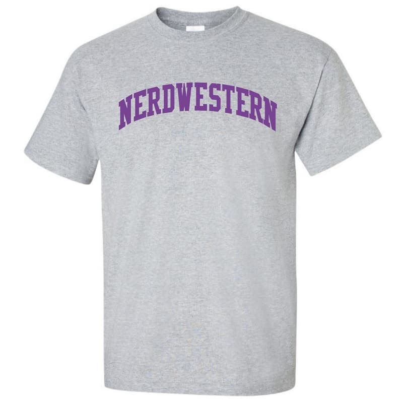 Grey Short Sleeve Tee Shirt with "Nerdwestern" Design