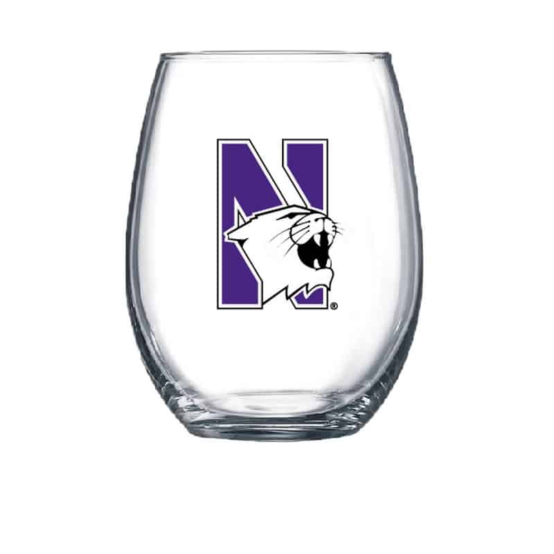 Northwestern University Wildcats 15 oz. Stemless Wine Glass with N-Cat Design-2