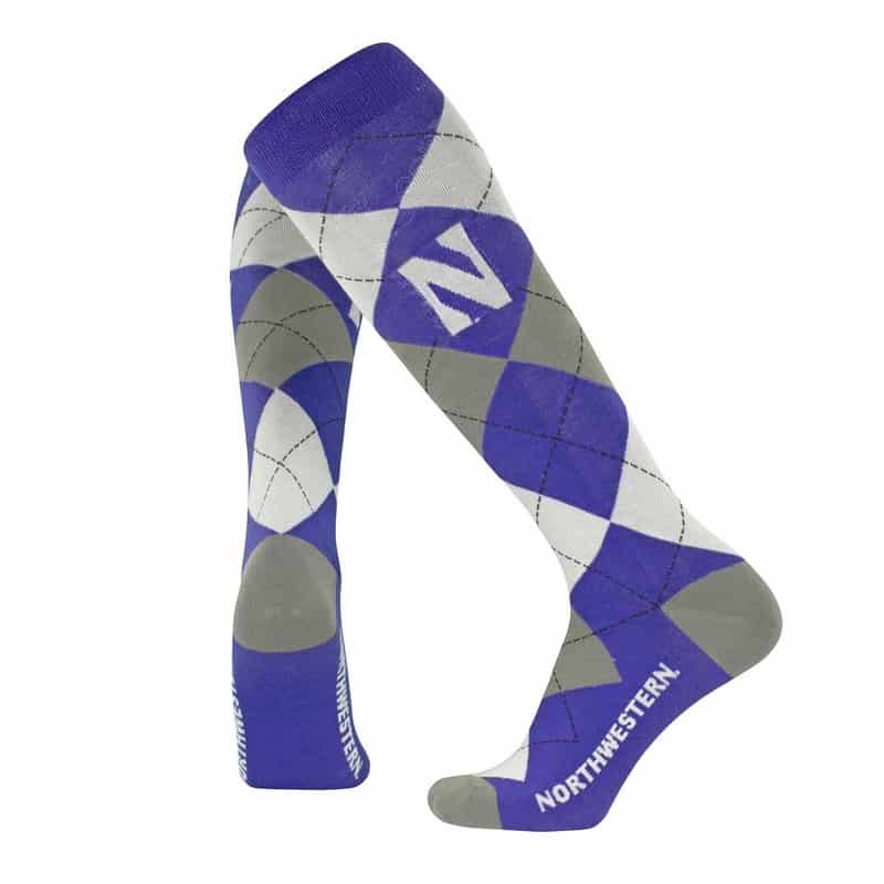 Northwestern University Wildcats Adult Purple/Grey/White Argyle Over-Calf Dress Socks With Stylized N Design