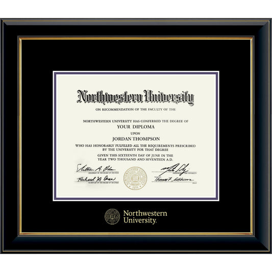 Northwestern University Wildcats Onyx Double Matted Black Diploma Frame With Gold Accent & Gold Embossed Northwestern University Seal Design With Main Matt In Black