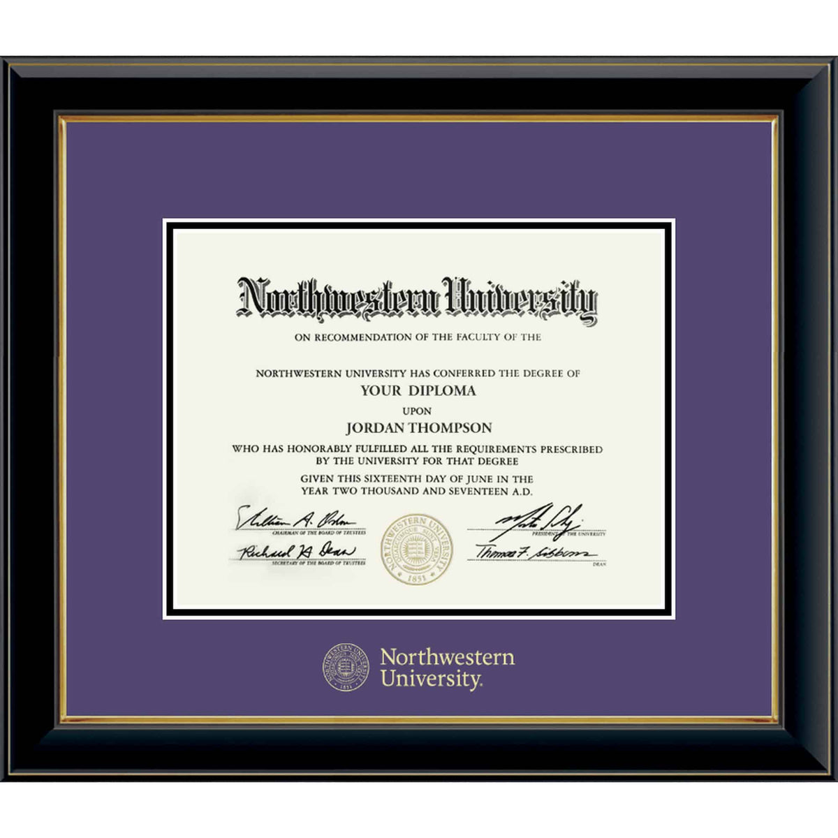 Northwestern University Wildcats Onyx Double Matted Black Diploma Frame With Gold Accent & Gold Embossed Northwestern University Seal Design With Main Matt In Purple