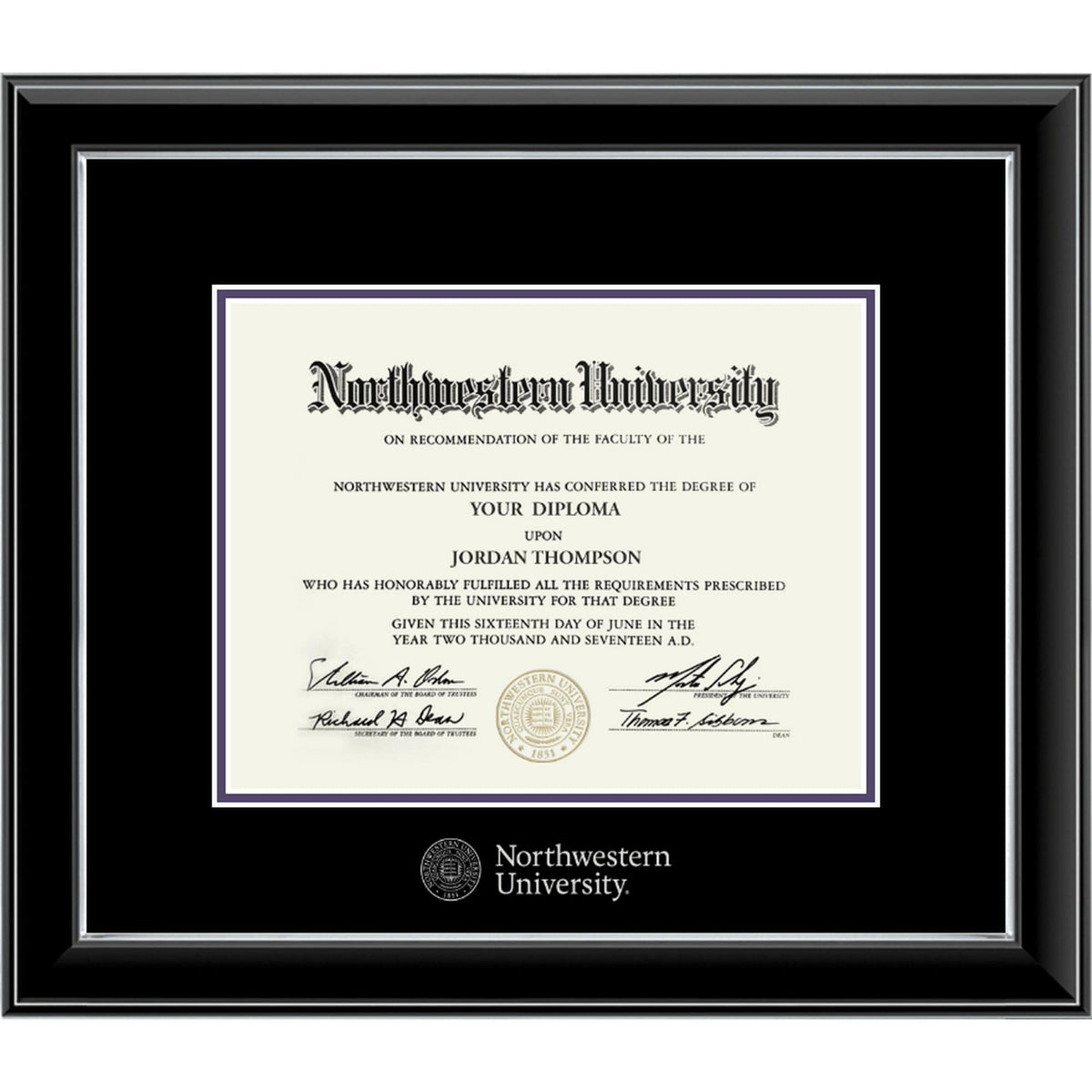 Northwestern University Wildcats Onyx Double Matted Black Diploma Frame With Silver Accent & Silver Embossed Northwestern University Seal Design Main Matt In Black