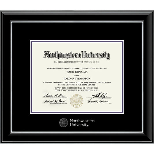 Northwestern University Wildcats Onyx Double Matted Black Diploma Frame With Silver Accent & Silver Embossed Northwestern University Seal Design Main Matt In Black
