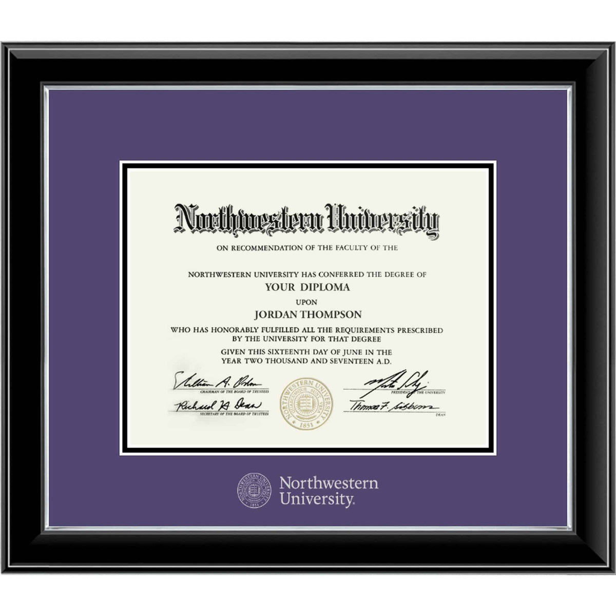 Northwestern University Wildcats Onyx Double Matted Black Diploma Frame With Silver Accent & Silver Embossed Northwestern University Seal Design Main Matt In Purple