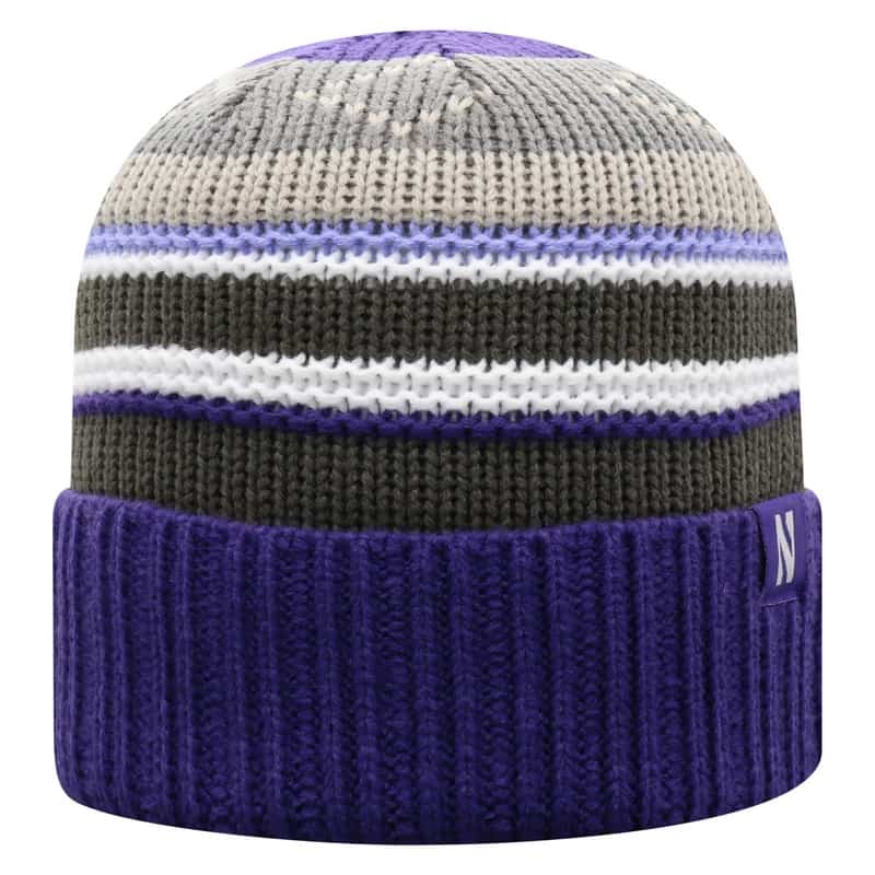 Northwestern University Wildcats Adult Multicolor Old Fahion Stripped Cuffed Knit Hat With a Small Woven N Logo Label