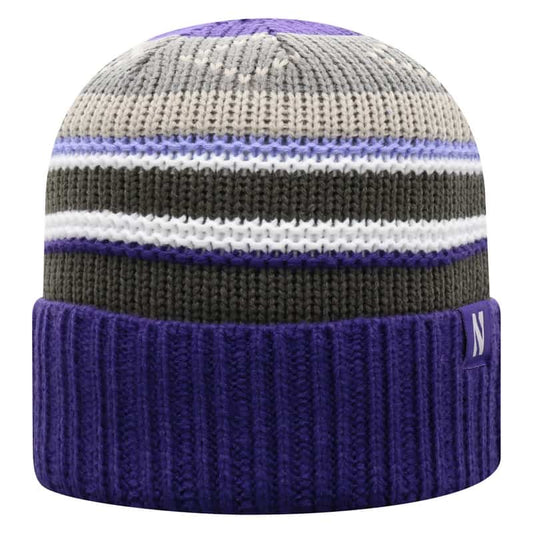 Northwestern University Wildcats Adult Multicolor Old Fahion Stripped Cuffed Knit Hat With a Small Woven N Logo Label