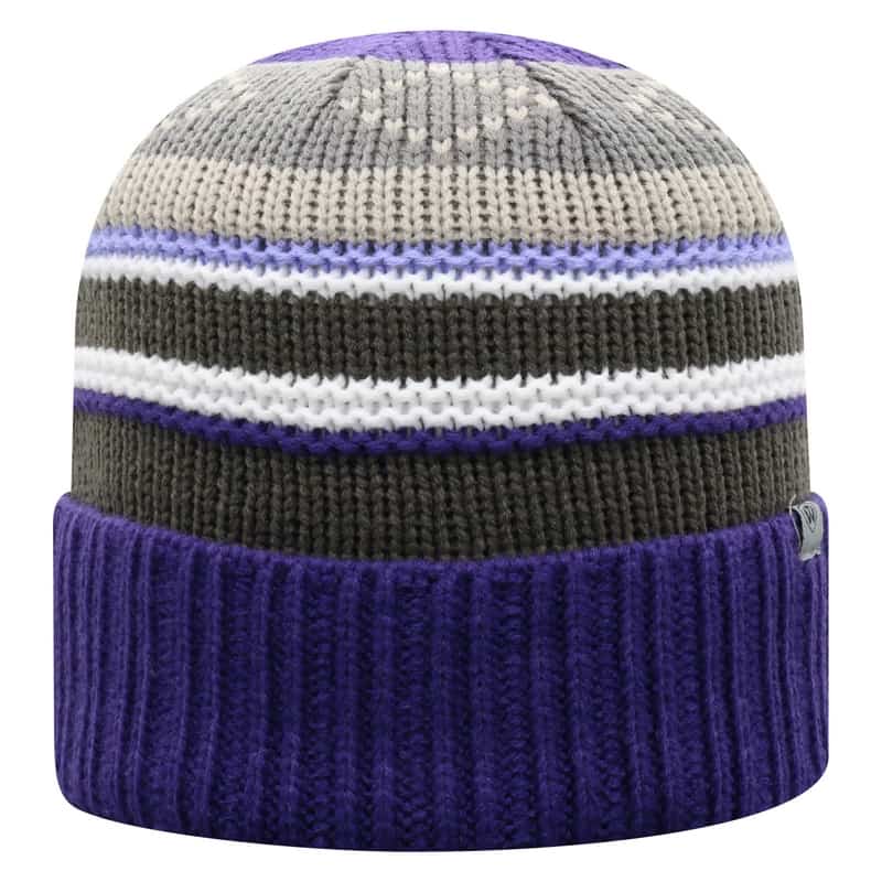 Northwestern University Wildcats Adult Multicolor Old Fahion Stripped Cuffed Knit Hat With a Small Woven N Logo Label -Back