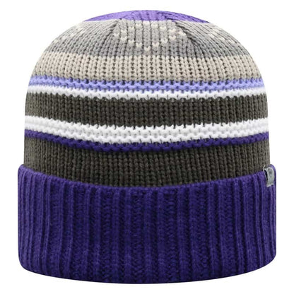 Northwestern University Wildcats Adult Multicolor Old Fahion Stripped Cuffed Knit Hat With a Small Woven N Logo Label -Back