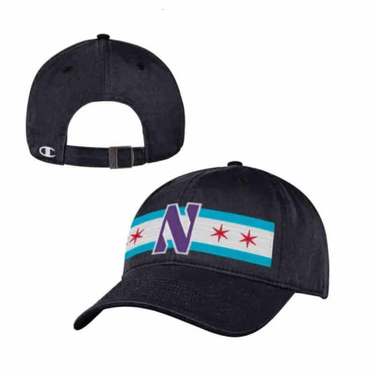 Northwestern University Wildcats Champion Unconstructed Adjustable Black Hat with Chicago Flag & Stylized N Design