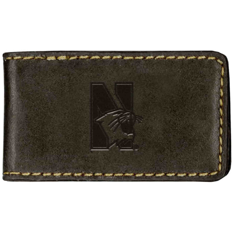Northwestern University Wildcats Brown Genuine Leather Contrast Stitch Magnetic Money Clip