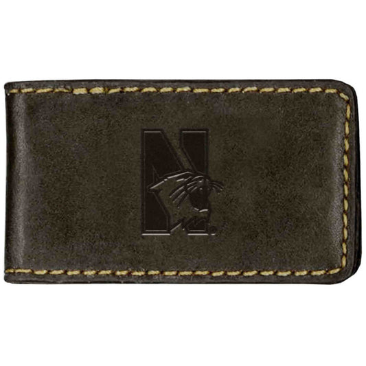 Northwestern University Wildcats Brown Genuine Leather Contrast Stitch Magnetic Money Clip